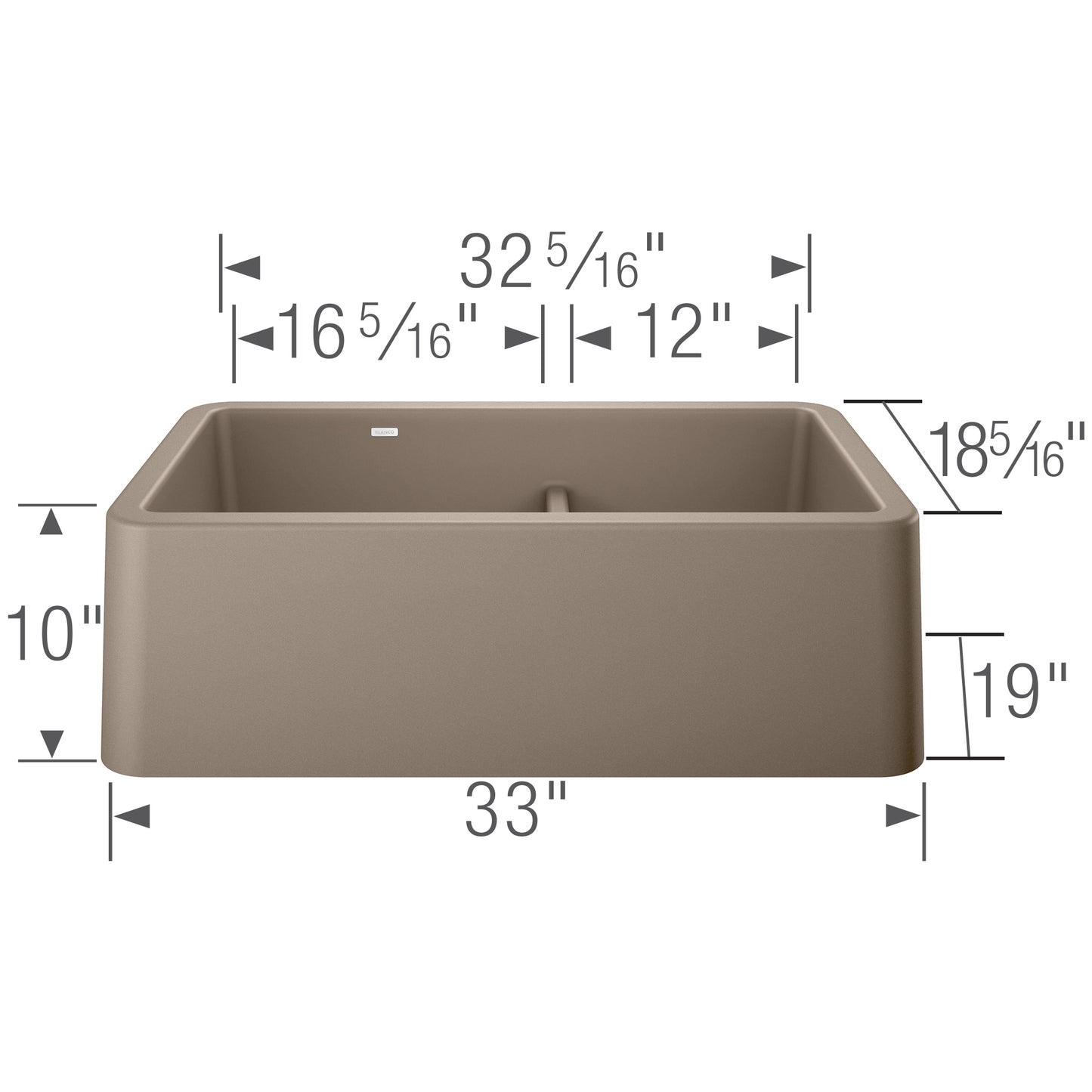BLANCO Ikon SILGRANIT 33" Double Bowl Apron-Front Farmhouse Sink with Low Divide dimensions diagram