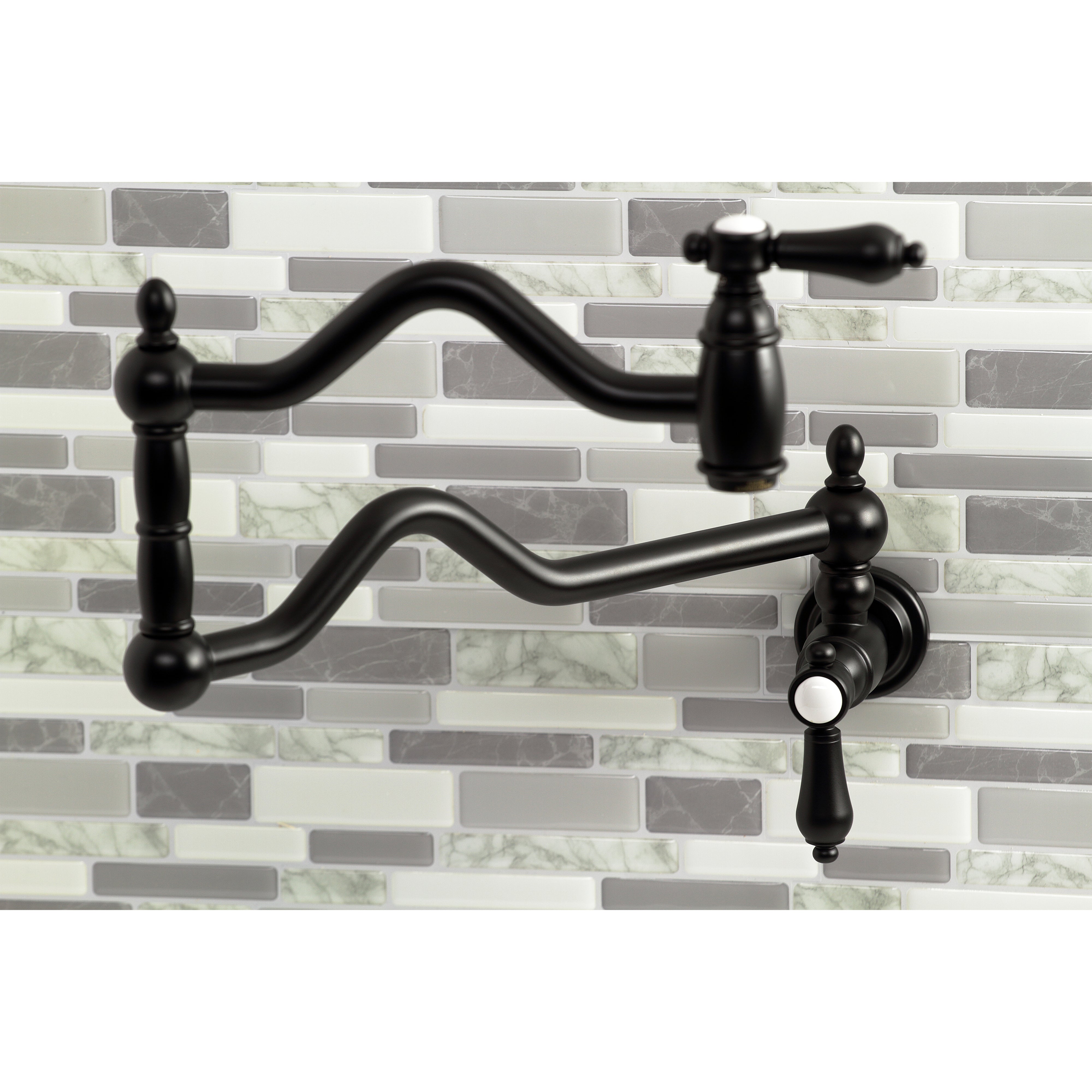 Kingston Brass KS2107BAL Heirloom Wall Mount Pot Filler Faucet, Brushed Brass on stylish backsplash
