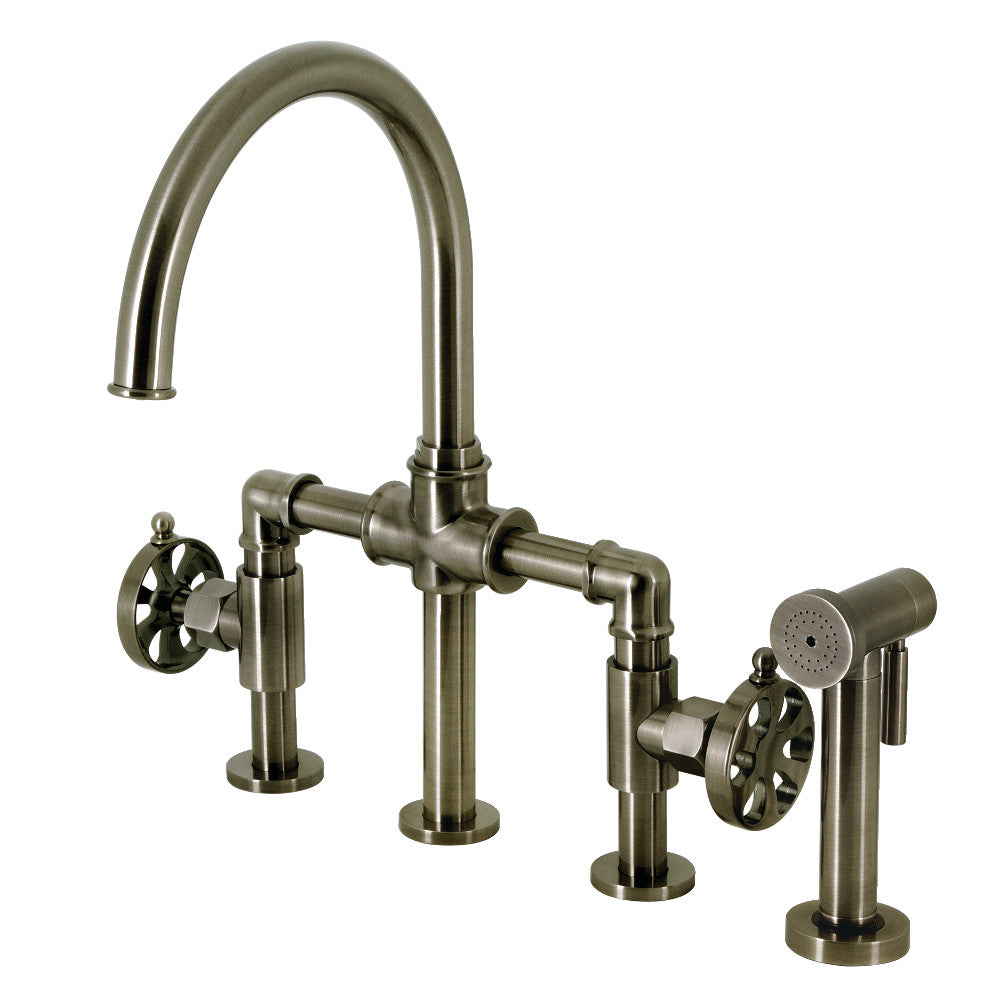 Kingston KS2333RX Belknap Industrial Style Bridge Kitchen Faucet with Brass Sprayer, Antique Brass