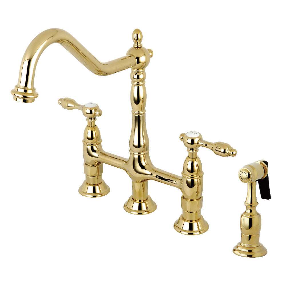 Kingston KS1273TALBS Tudor Bridge Kitchen Faucet with Brass Sprayer, Antique Brass finish