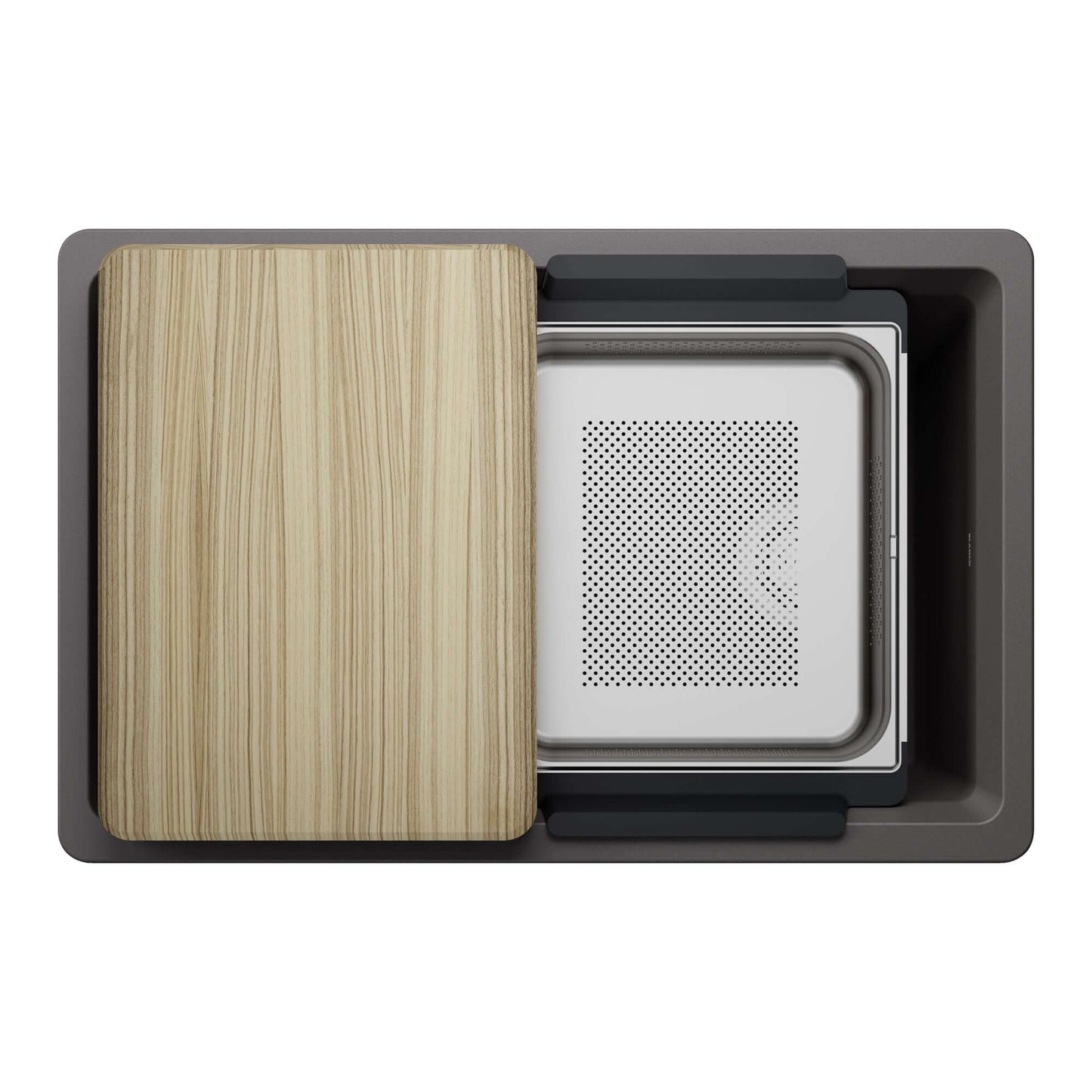 BLANCO Inteos SILGRANIT 30" Single Bowl Reversible Undermount Workstation Kitchen Sink with wood cutting board and colander.