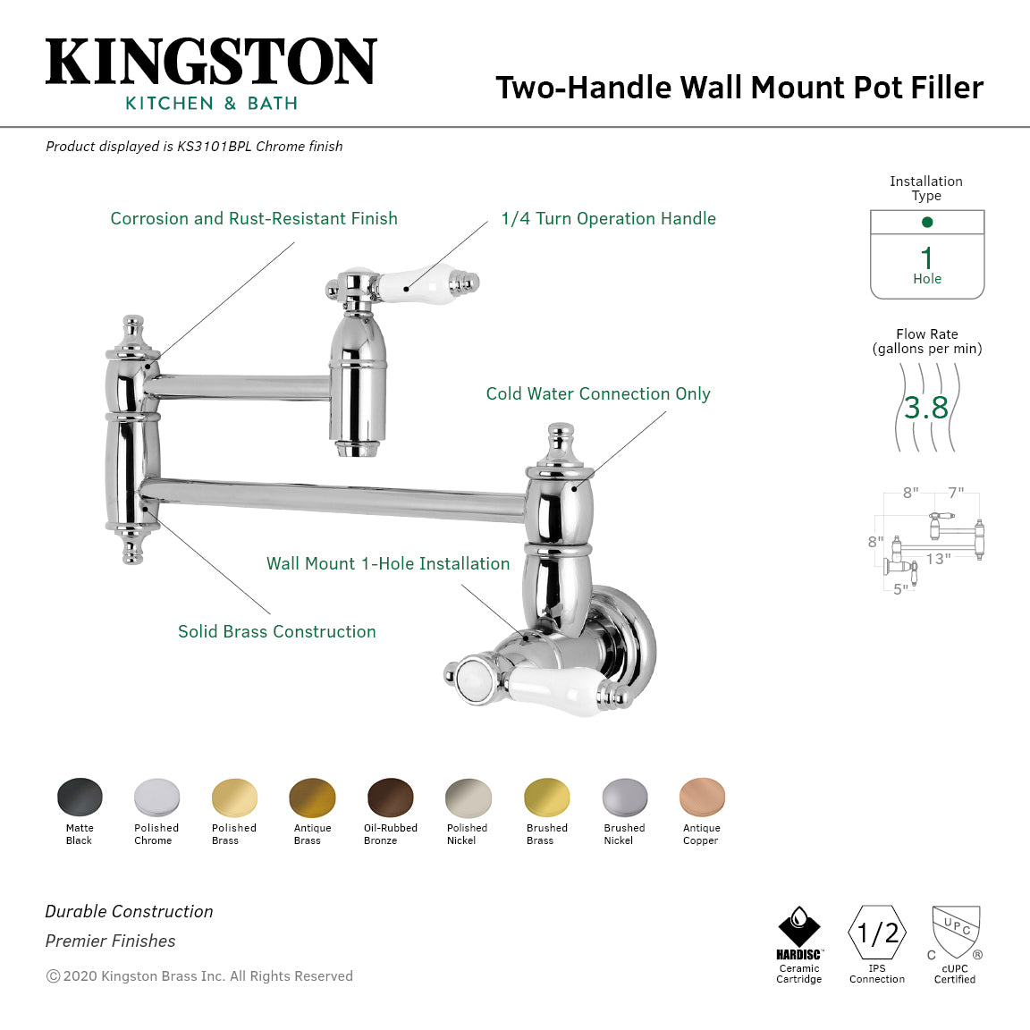 Kingston Brass KS3103BPL Bel-Air Wall Mount Pot Filler Faucet, Antique Brass with white porcelain levers