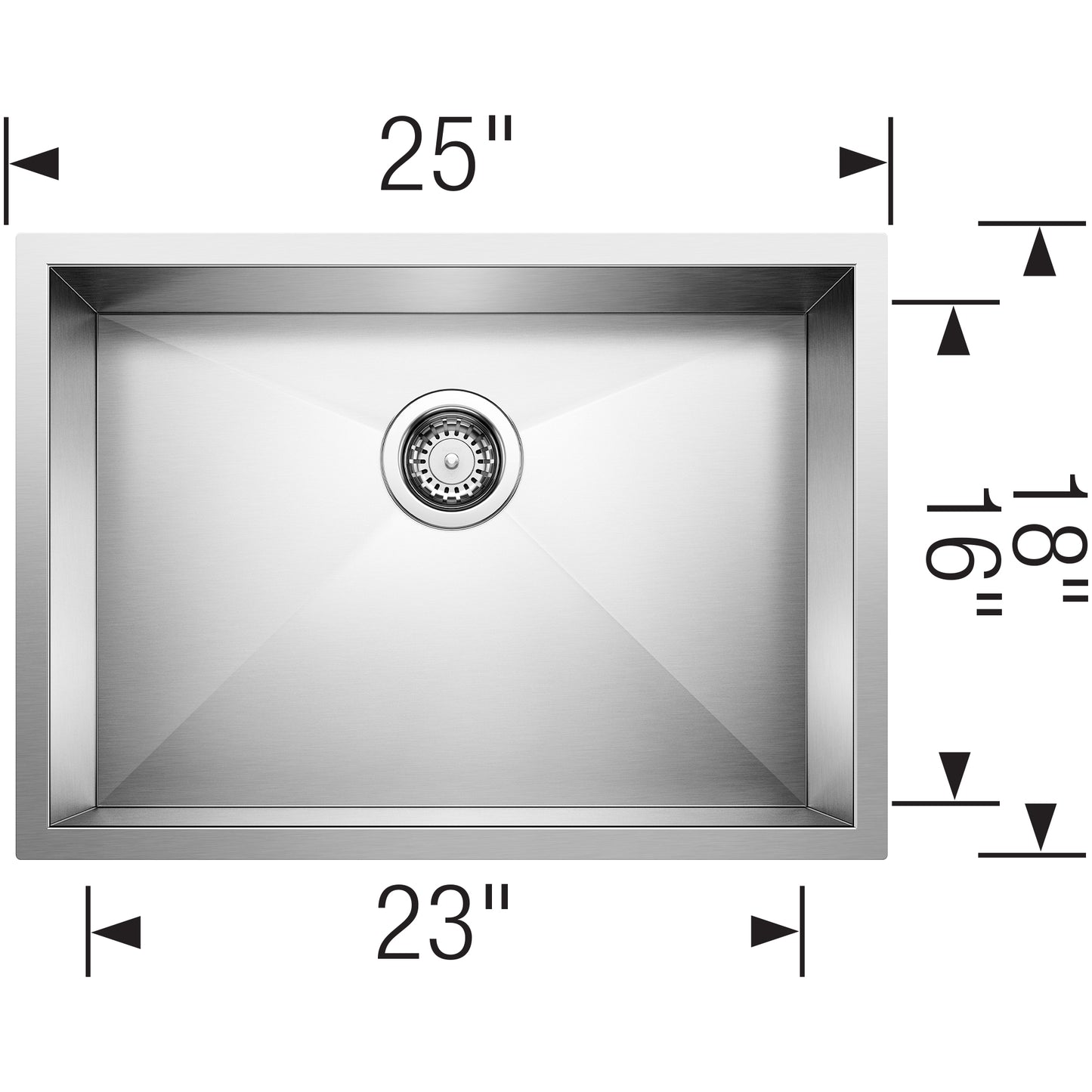 BLANCO Quatrus R0 25" Single Bowl Undermount Stainless Steel Kitchen Sink dimensions and design features.