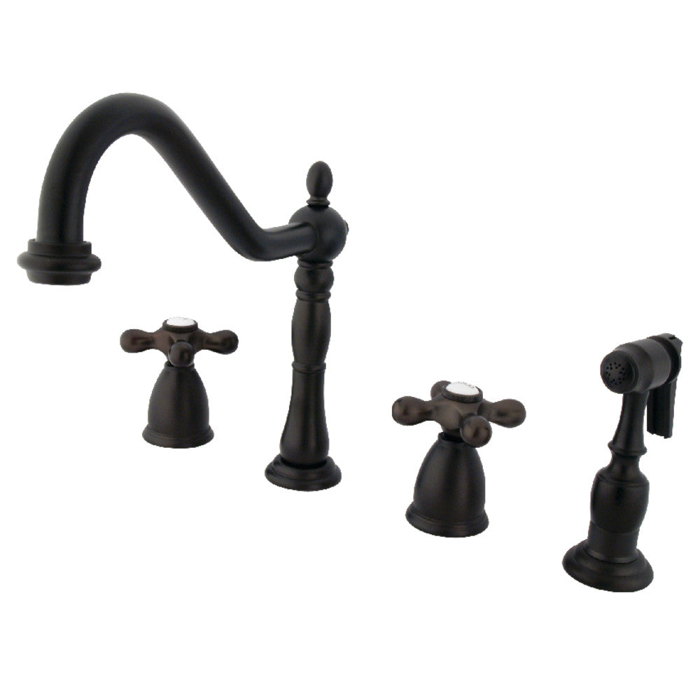 Kingston Brass KB1793AXBS Heritage Double-Handle Widespread Kitchen Faucet with Brass Sprayer, Antique Brass finish.