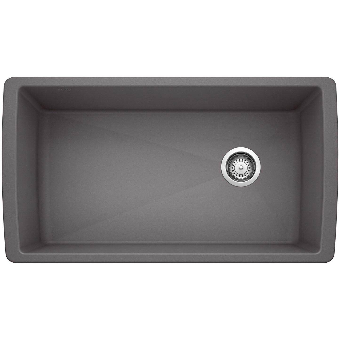 BLANCO Diamond SILGRANIT 33" Super Single Undermount Kitchen Sink in gray with sink drain visible and sleek design.