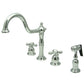 Kingston Brass KB1793AXBS Heritage Double-Handle Widespread Kitchen Faucet with Brass Sprayer, Antique Brass in polished chrome finish.