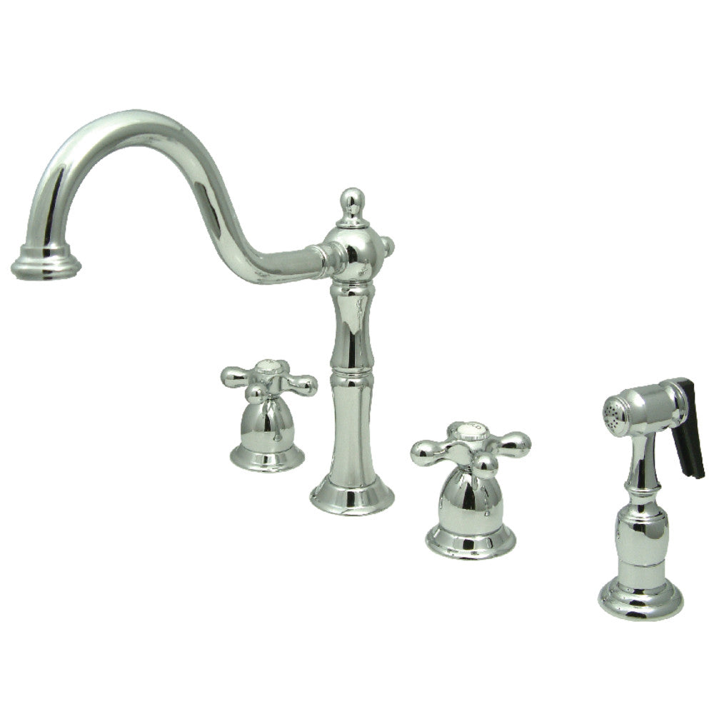 Kingston Brass KB1793AXBS Heritage Double-Handle Widespread Kitchen Faucet with Brass Sprayer, Antique Brass in polished chrome finish.