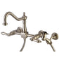 Kingston KS1243ALBS Heritage Two-Handle Wall Mount Bridge Kitchen Faucet with Brass Sprayer, Antique Brass close-up view.