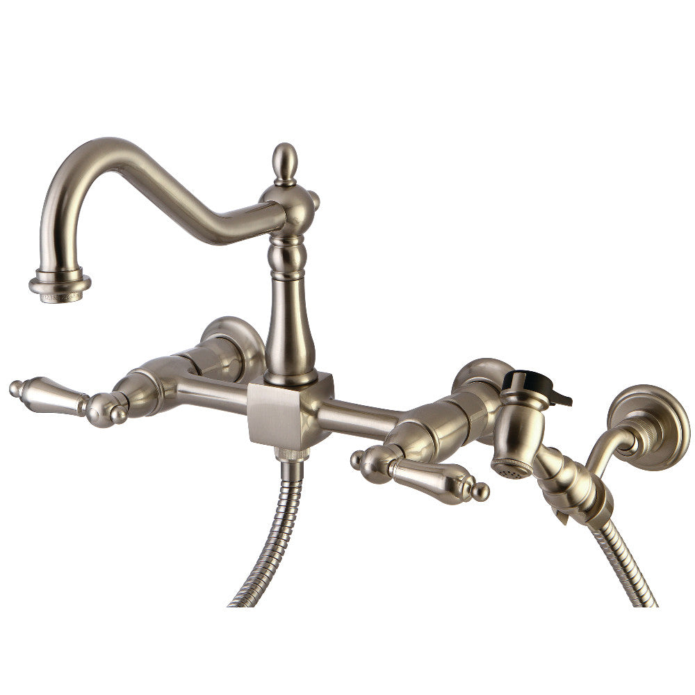 Kingston KS1243ALBS Heritage Two-Handle Wall Mount Bridge Kitchen Faucet with Brass Sprayer, Antique Brass close-up view.