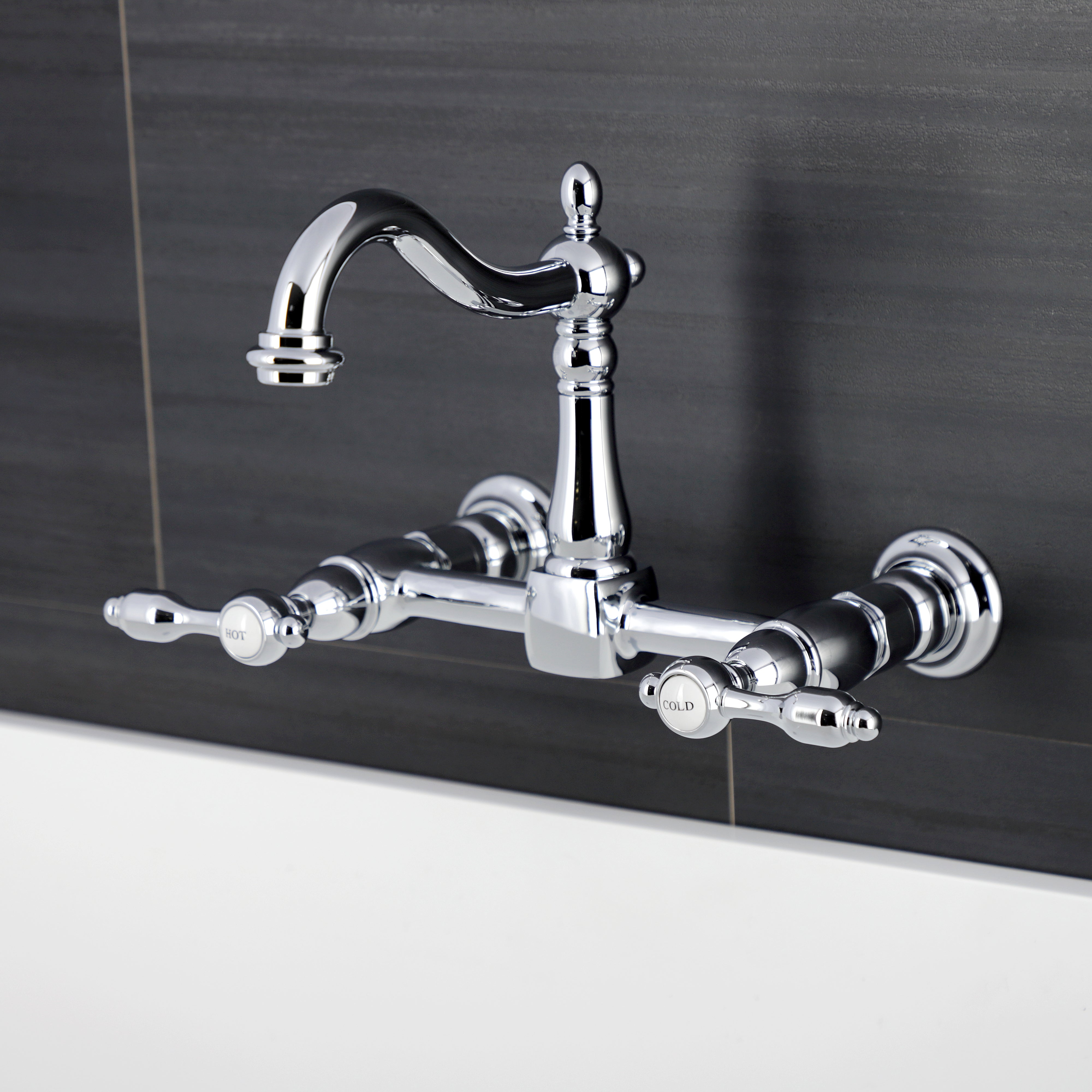 Kingston KS1263TAL Tudor Two-Handle Wall Mount Bridge Kitchen Faucet, Antique Brass