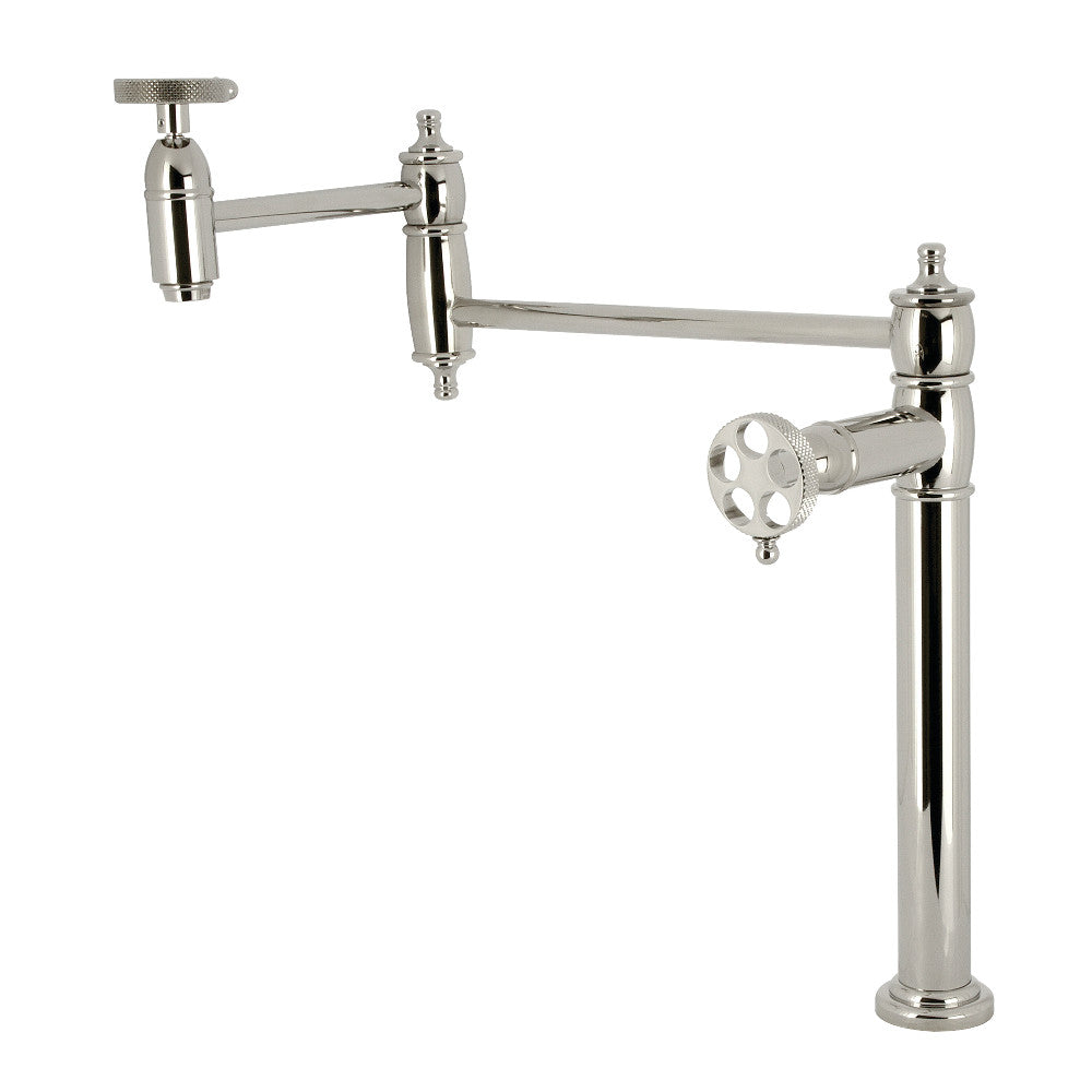Kingston Brass KS3703RKX Webb Deck Mount Pot Filler Faucet with Knurled Handle, Antique Brass in polished nickel finish