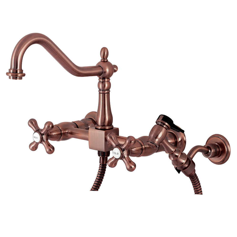 Kingston KS1243AXBS Heritage Two-Handle Wall Mount Bridge Kitchen Faucet with Brass Sprayer, Antique Brass