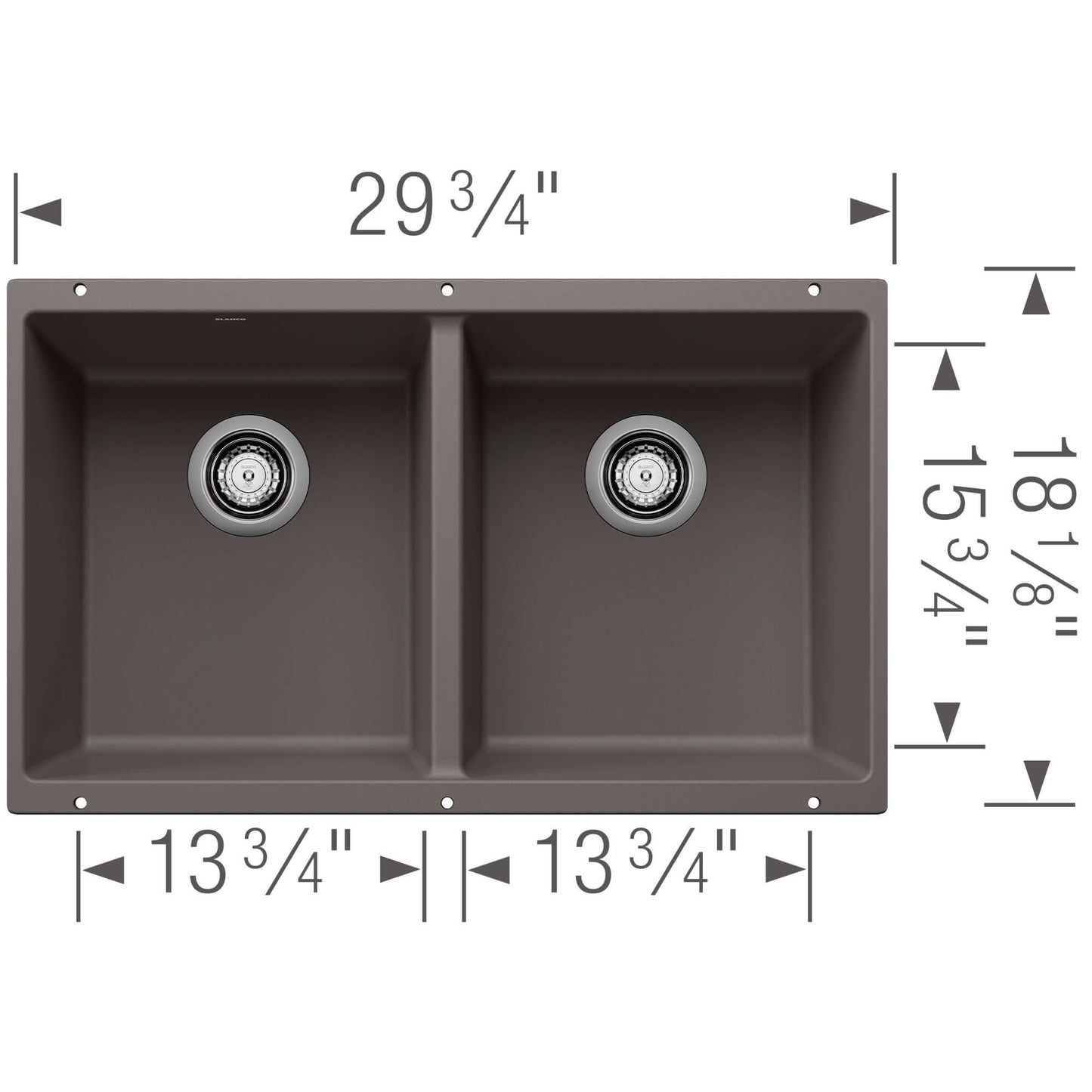 BLANCO Precis SILGRANIT 29" 50/50 Double Bowl Undermount Kitchen Sink dimensions and features overview.