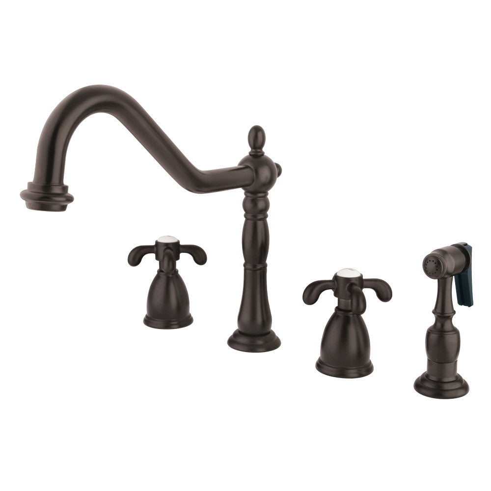 Kingston Brass KB1793TXBS French Country Double-Handle Widespread Kitchen Faucet with Brass Sprayer, Antique Brass.