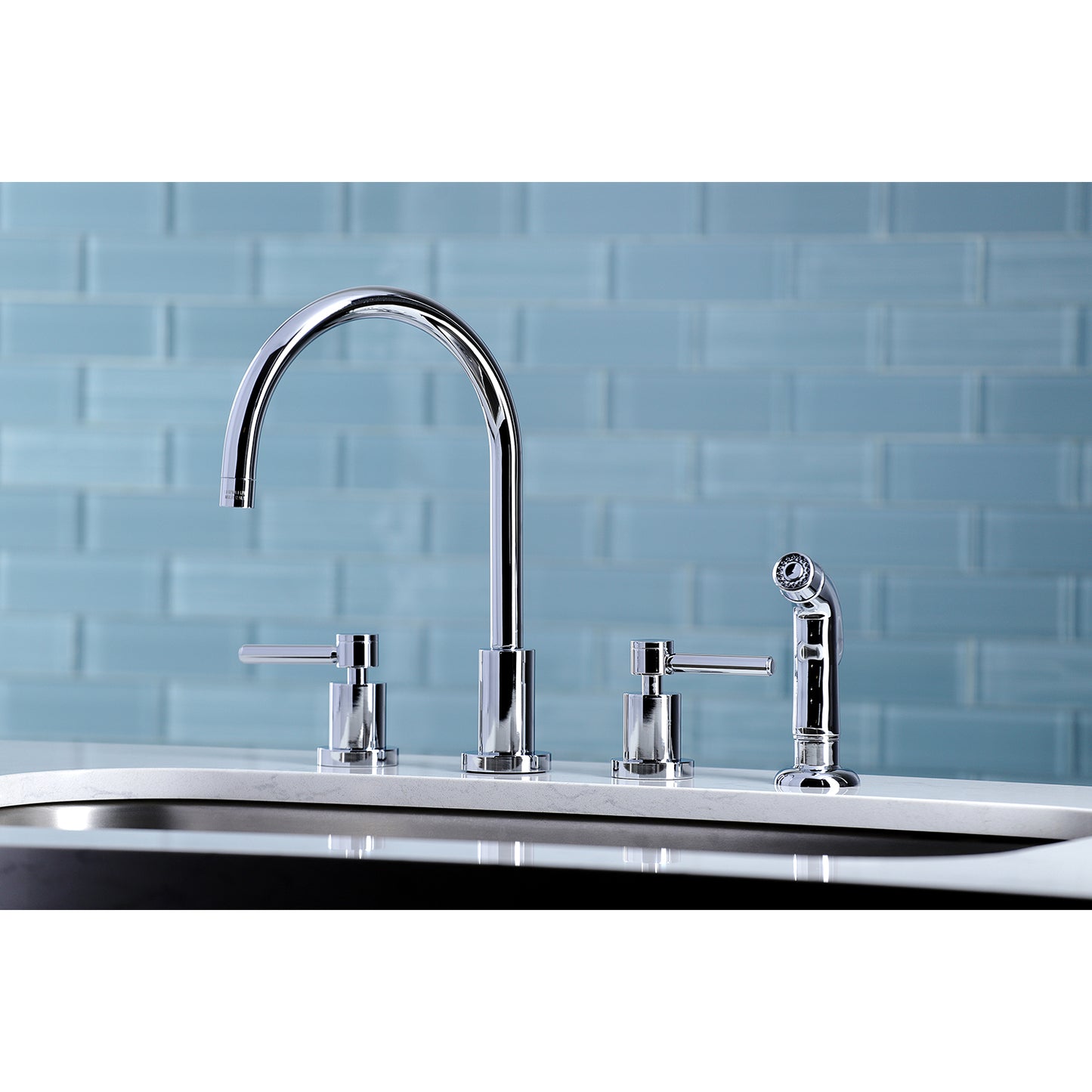 Kingston Brass KS8728DL Concord Double-Handle Widespread Kitchen Faucet with Plastic Sprayer, Brushed Nickel