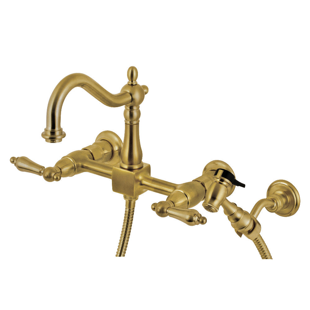 Kingston KS1263ALBS Heritage Two-Handle Wall Mount Bridge Kitchen Faucet with Brass Sprayer, Antique Brass