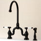 Kingston KS7793BPLBS Bel-Air Bridge Kitchen Faucet with Brass Sprayer, Antique Brass in a sleek black finish.