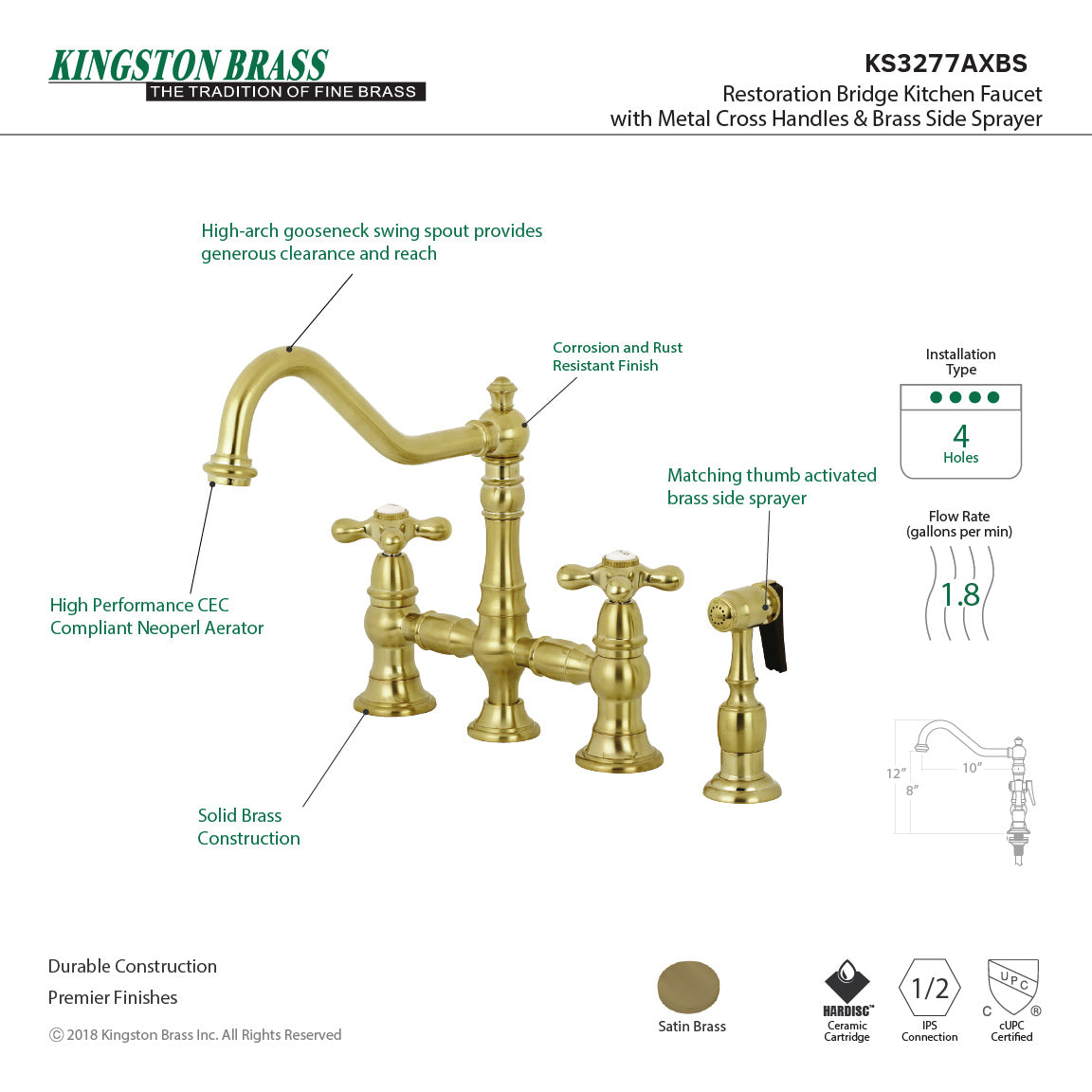 Kingston KS3277AXBS Restoration Bridge Kitchen Faucet with Brass Sprayer, Brushed Brass image showcasing features and design.