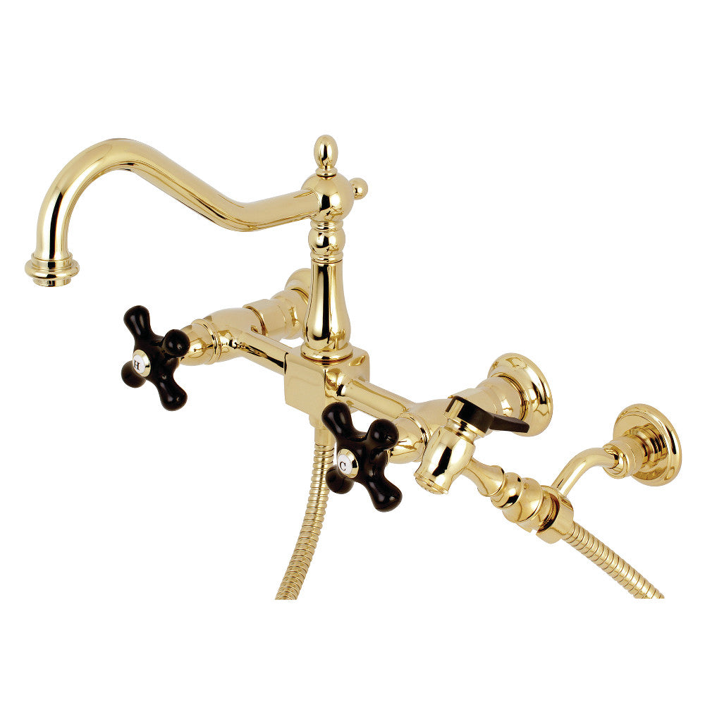 Kingston KS1248PKXBS Duchess Two-Handle Wall Mount Bridge Kitchen Faucet with Brass Sprayer, Brushed Nickel