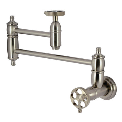 Kingston Brass KS3103RKZ Wendell Wall Mount Pot Filler Faucet with Knurled Handle, Antique Brass image showcasing brushed nickel finish.