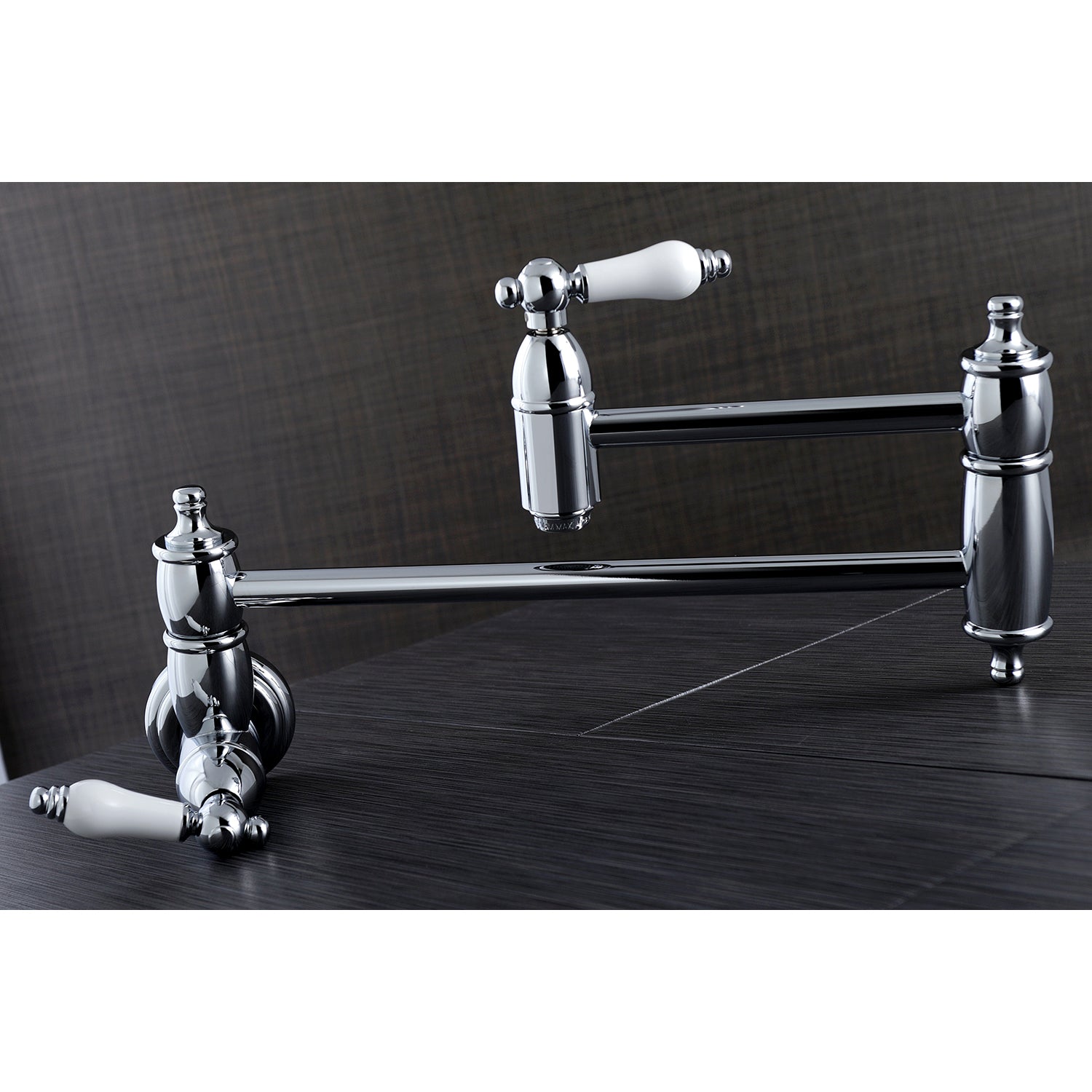 Kingston Brass KS3103PL Restoration Wall Mount Pot Filler Faucet, Antique Brass in a chrome finish with white handles