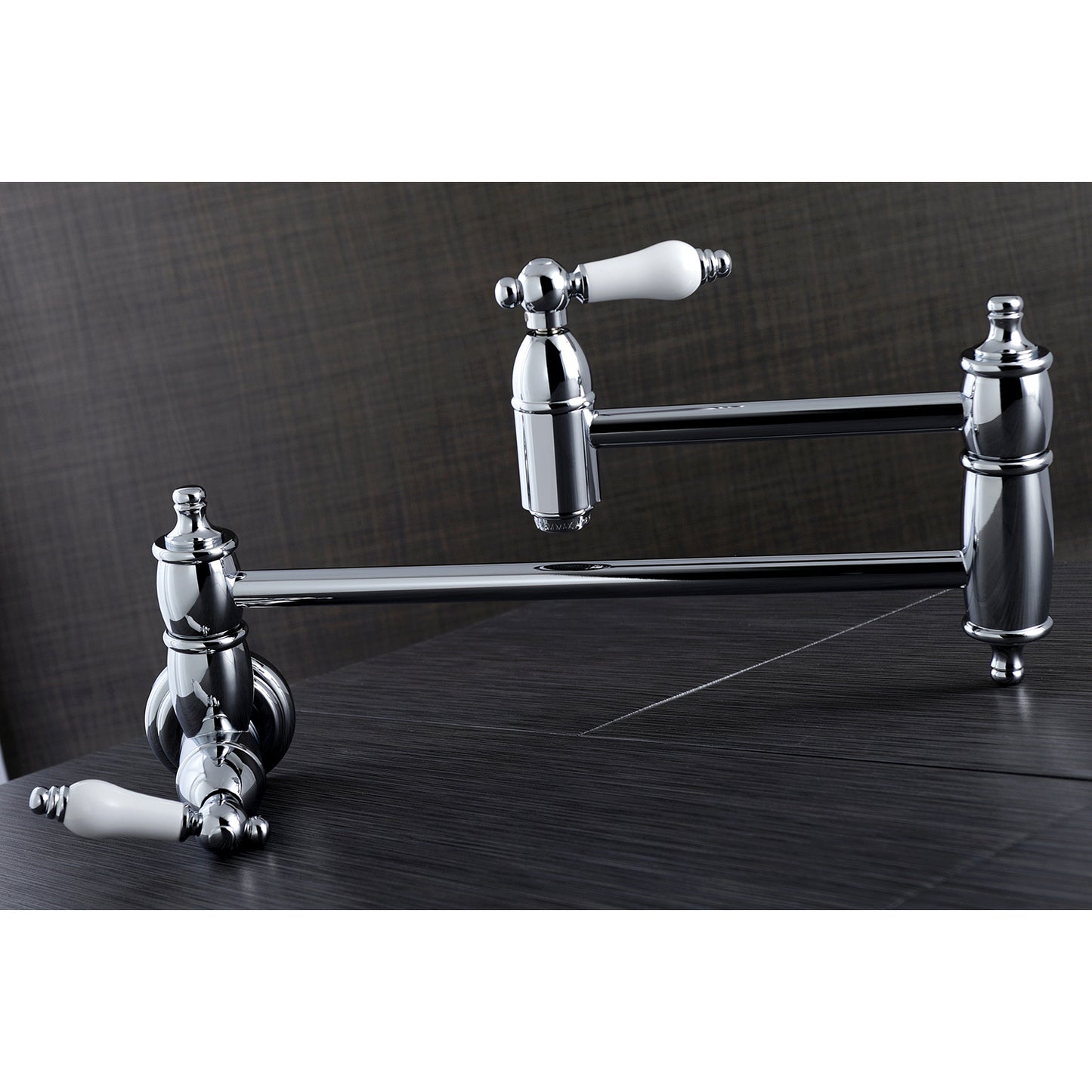 Kingston Brass KS3103PL Restoration Wall Mount Pot Filler Faucet, Antique Brass in a chrome finish with white handles