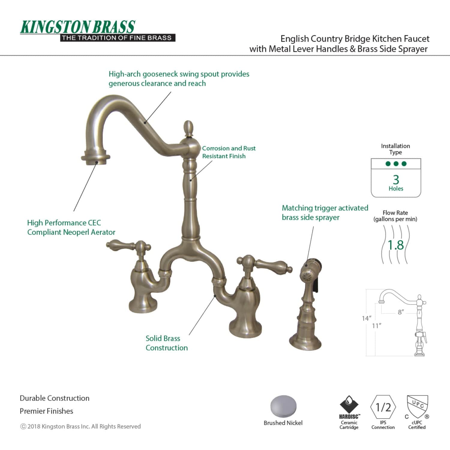 KINGSTON Brass English Country Kitchen Bridge Faucet with Brass Sprayer - Brushed Nickel