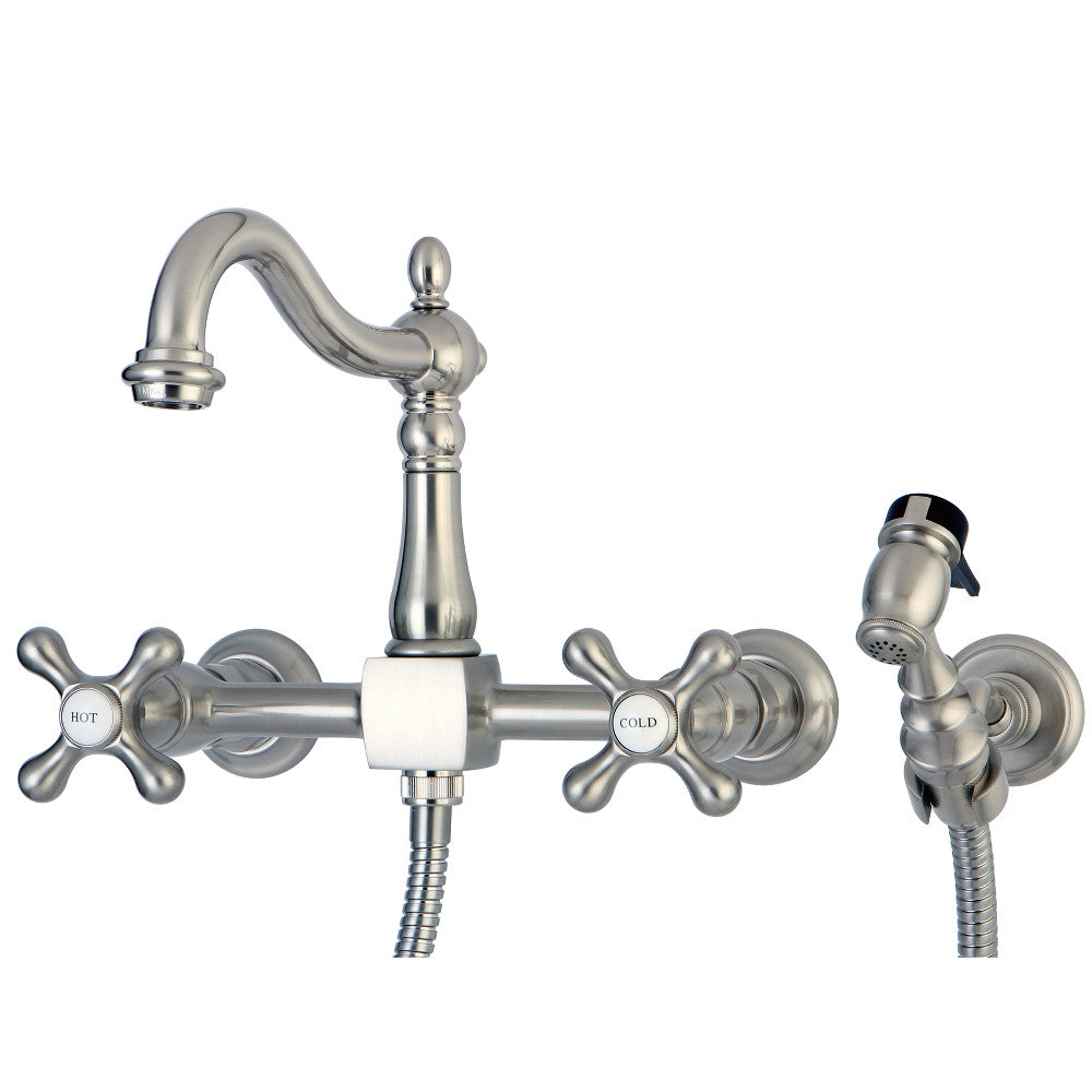 Kingston KS1263AXBS Heritage Two-Handle Wall Mount Bridge Kitchen Faucet with Brass Sprayer, Antique Brass