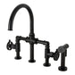 Kingston KS2333RKX Webb Knurled Handle Bridge Kitchen Faucet with Brass Sprayer, Antique Brass in Matte Black finish