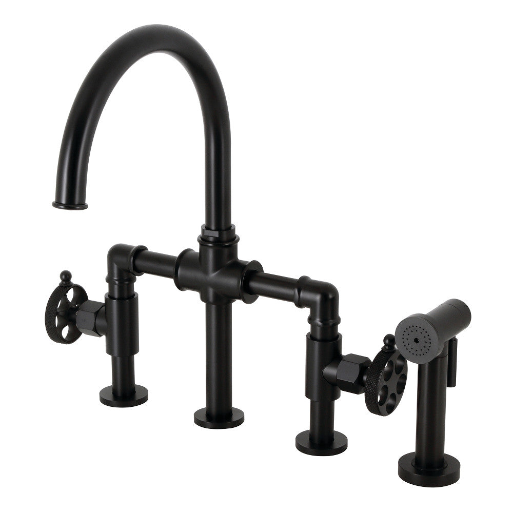 Kingston KS2333RKX Webb Knurled Handle Bridge Kitchen Faucet with Brass Sprayer, Antique Brass in Matte Black finish