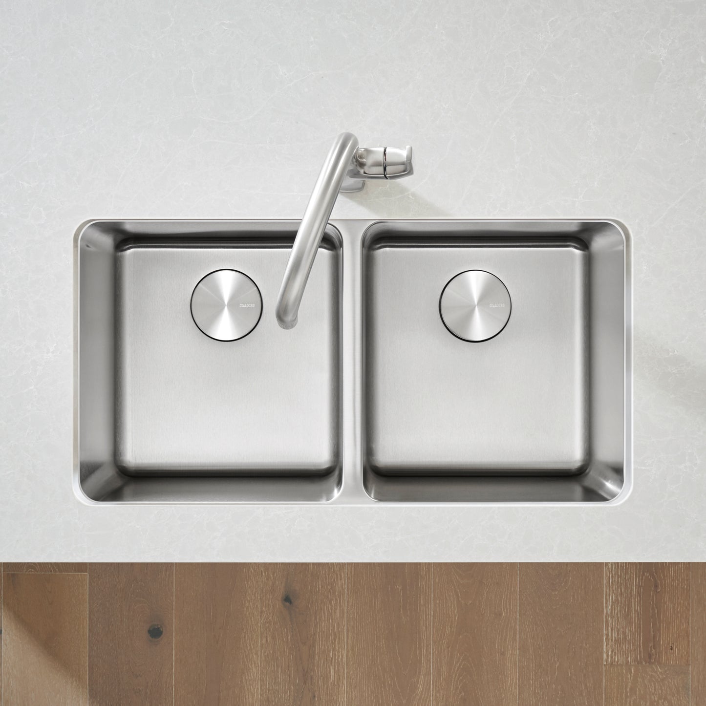 BLANCO Formera 33" 50/50 Double Bowl Undermount Stainless Steel Kitchen Sink with dual basin design and modern faucet.