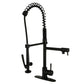 Kingston Brass LS8503DL Concord Single-Handle Deck-Mount Pre-Rinse Kitchen Faucet with Pot Filler, Brushed Brass in Matte Black finish.