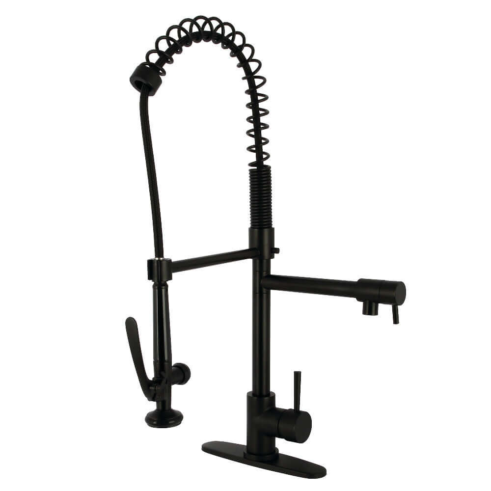 Kingston Brass LS8503DL Concord Single-Handle Deck-Mount Pre-Rinse Kitchen Faucet with Pot Filler, Brushed Brass in Matte Black finish.