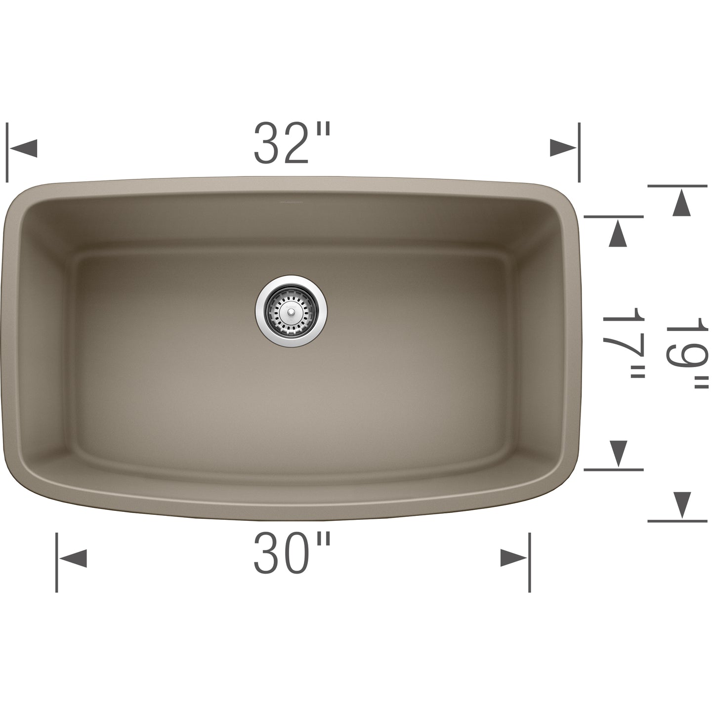 BLANCO Valea SILGRANIT 32" Super Single Undermount Kitchen Sink dimensions and top view image.