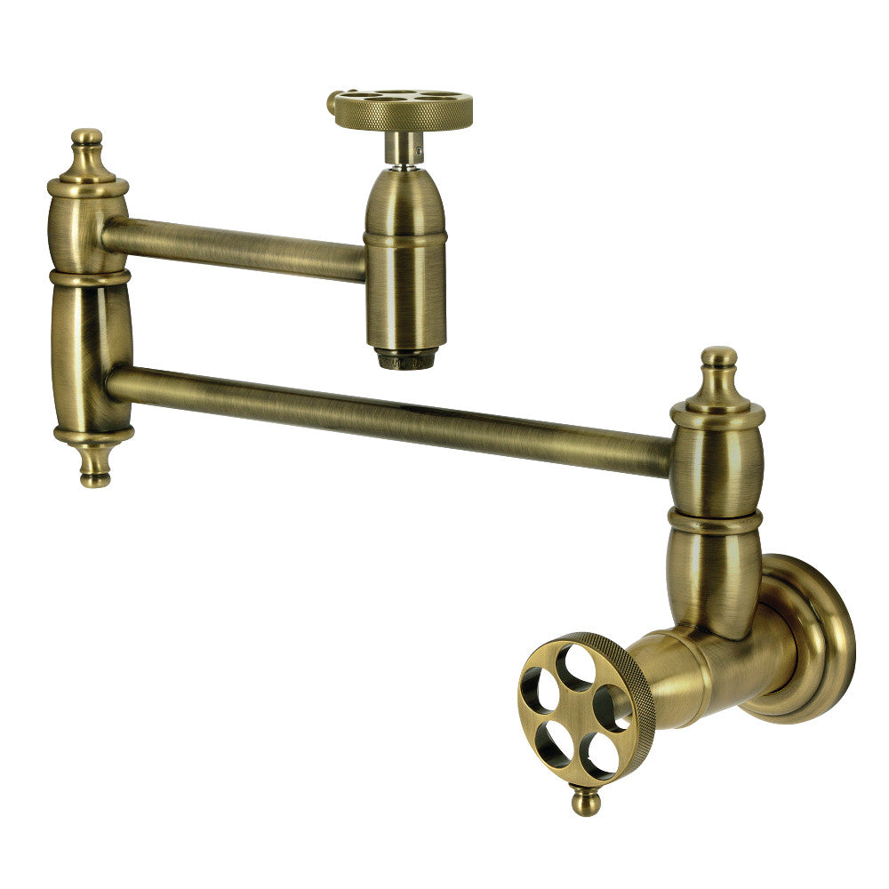Kingston Brass KS3103RKZ Wendell Wall Mount Pot Filler Faucet with Knurled Handle, Antique Brass detail.