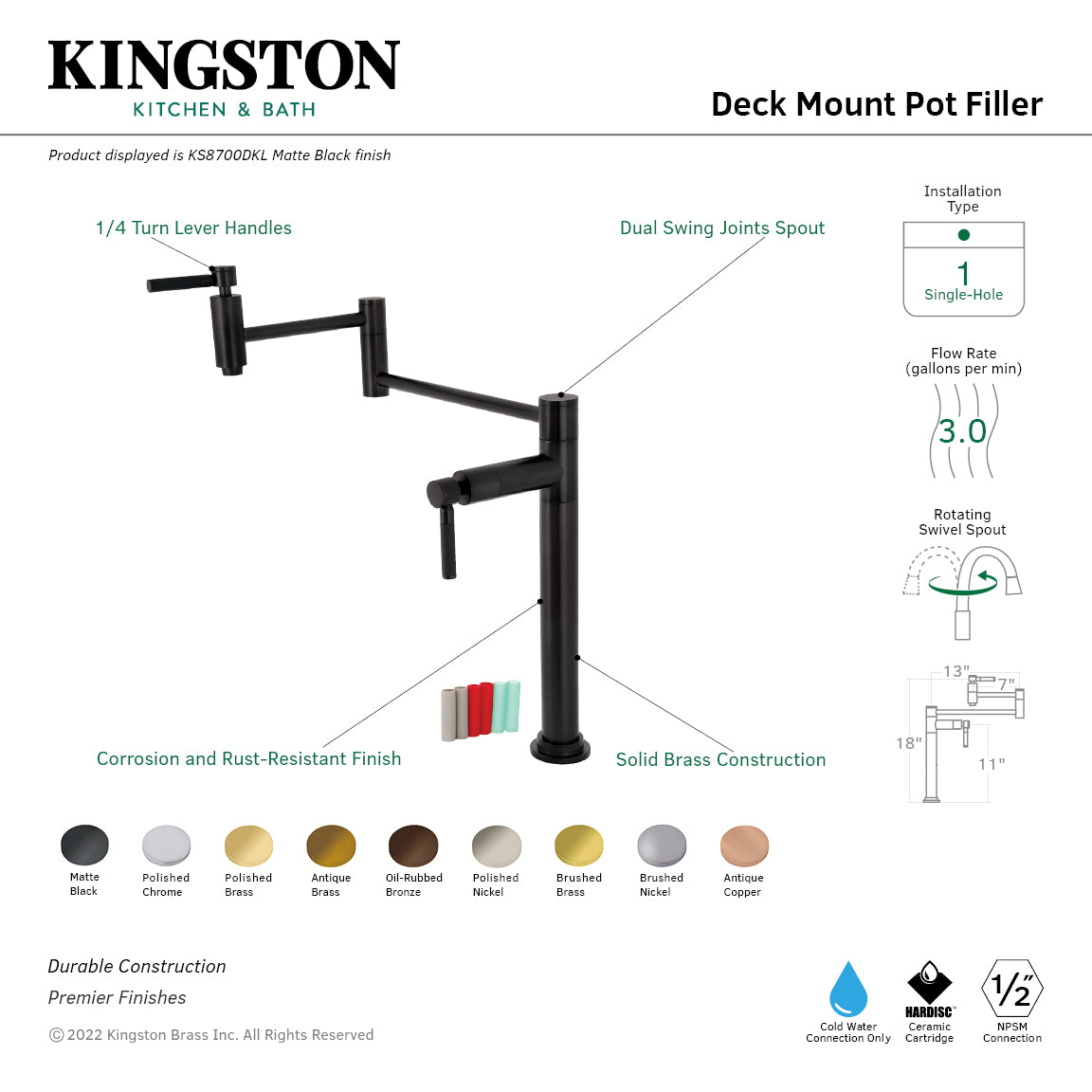 Kingston Brass KS8707DKL Kaiser Deck Mount Pot Filler Faucet, Brushed Brass with ergonomic design and dual swing spout.