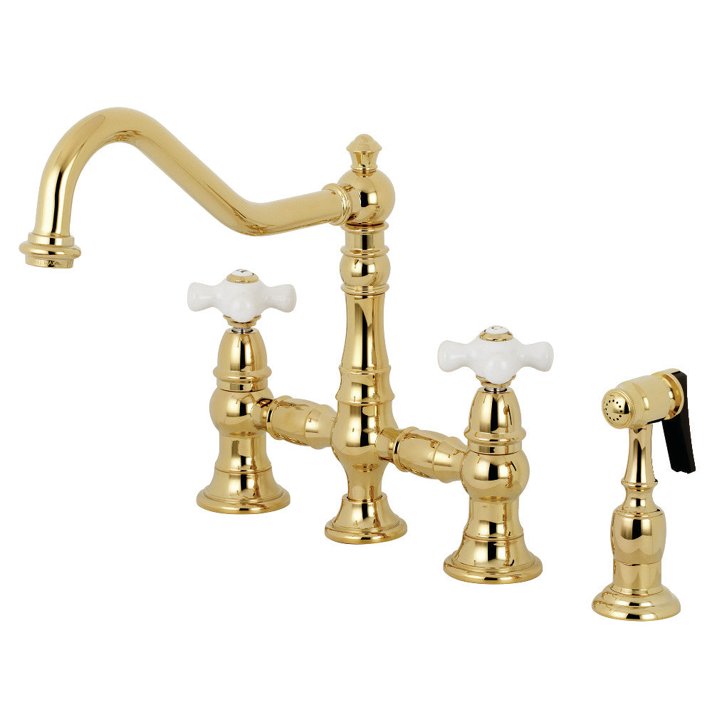 Kingston KS3277PXBS Restoration Bridge Kitchen Faucet with Brass Sprayer, Brushed Brass in polished brass finish