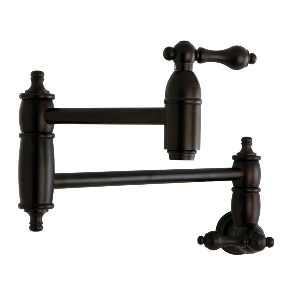 Kingston Brass KS3103AL Restoration Wall Mount Pot Filler Faucet, Antique Brass with oil rubbed bronze finish.