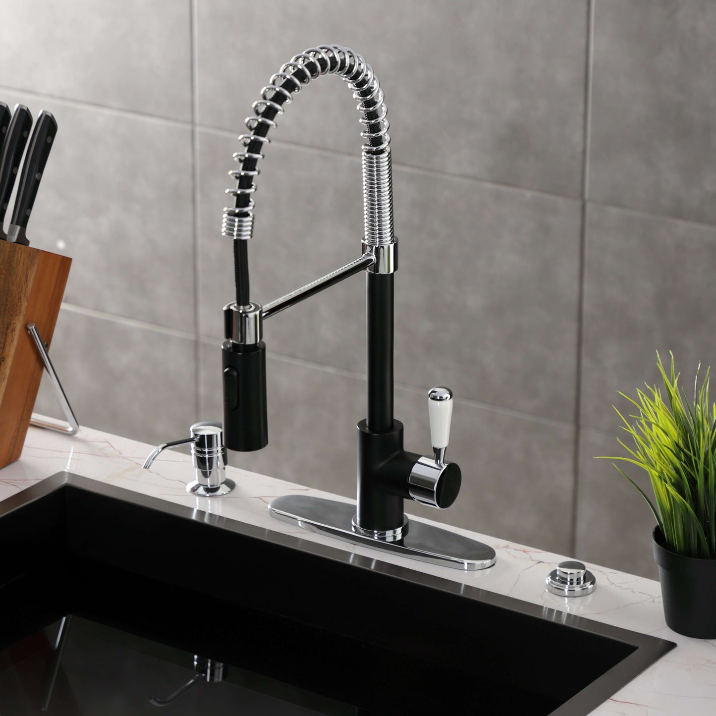 Gourmetier LS8778DPL Paris Single-Handle Deck-Mount Pre-Rinse Kitchen Faucet, Brushed Nickel right side view with lever handle