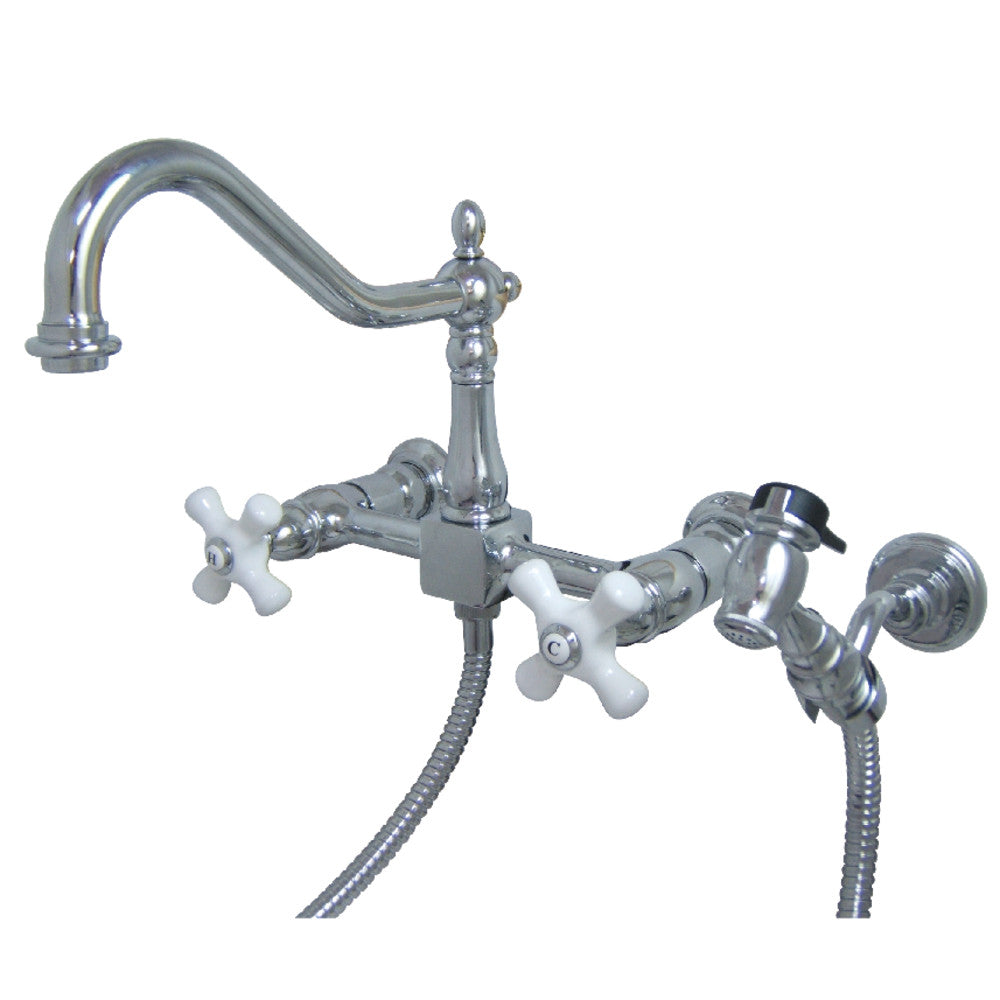 Kingston KS1243PXBS Heritage Two-Handle Wall Mount Bridge Kitchen Faucet with Brass Sprayer, Antique Brass