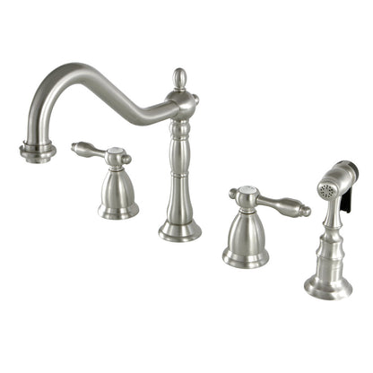 Kingston Brass KS1798TALBS Tudor Double-Handle Widespread Kitchen Faucet with Brass Sprayer, Brushed Nickel.