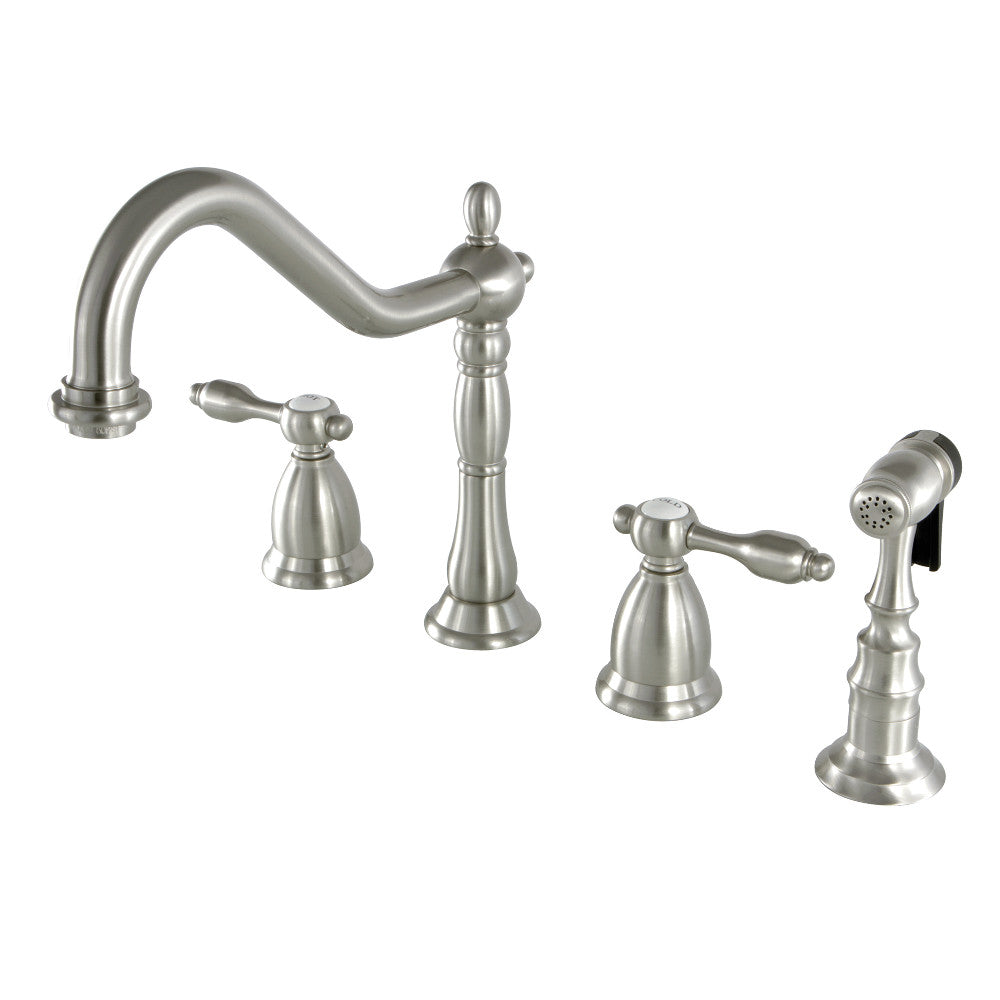 Kingston Brass KS1798TALBS Tudor Double-Handle Widespread Kitchen Faucet with Brass Sprayer, Brushed Nickel.