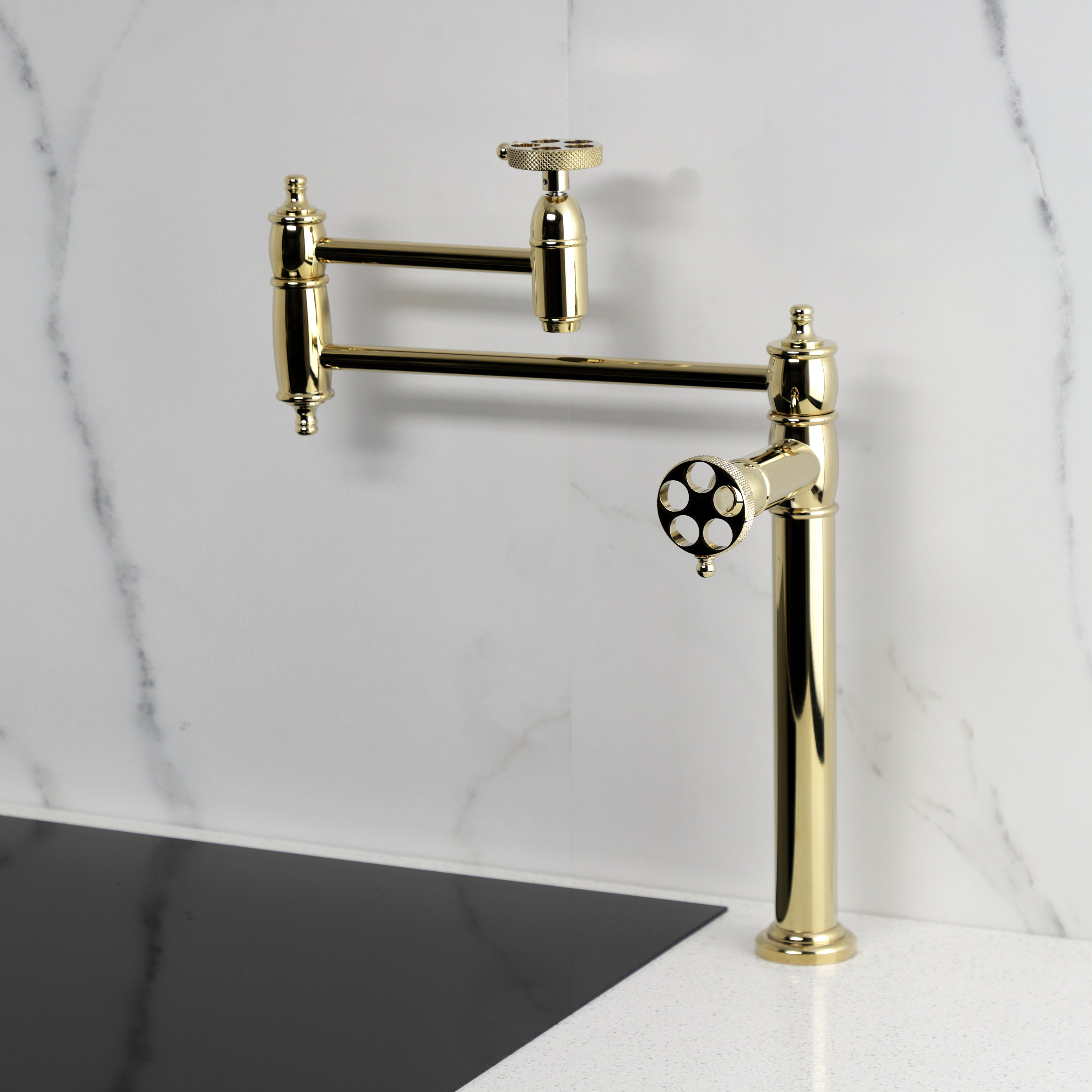 Kingston Brass KS3703RKX Webb Deck Mount Pot Filler Faucet with Knurled Handle, Antique Brass