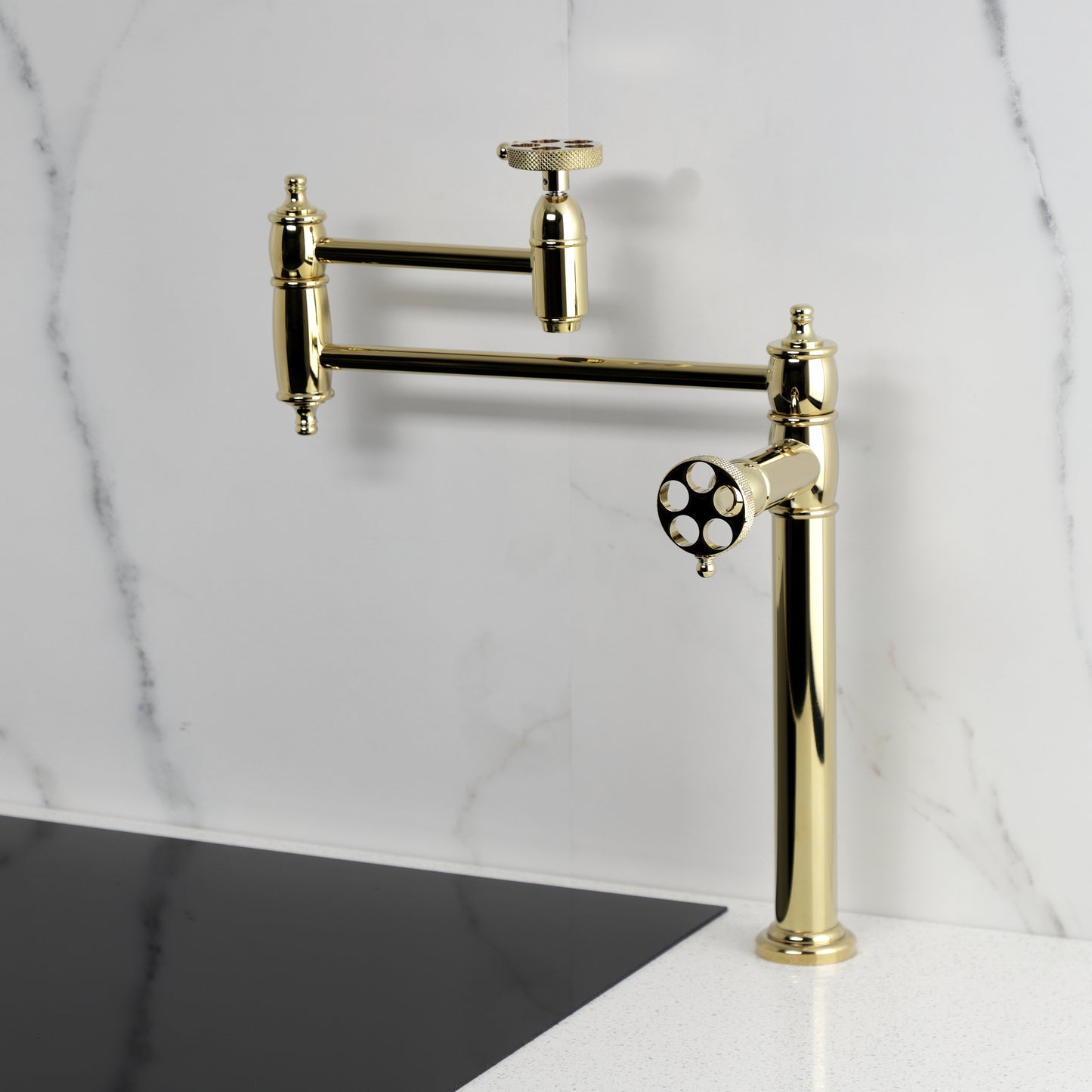 Kingston Brass KS3703RKX Webb Deck Mount Pot Filler Faucet with Knurled Handle, Antique Brass