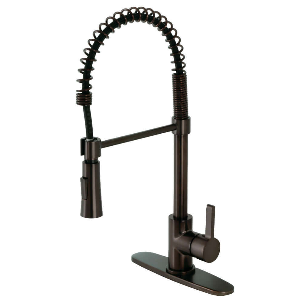 Gourmetier LS8678CTL Continental Single-Handle Deck-Mount Pre-Rinse Kitchen Faucet, Brushed Nickel, oil rubbed bronze finish, right side view.