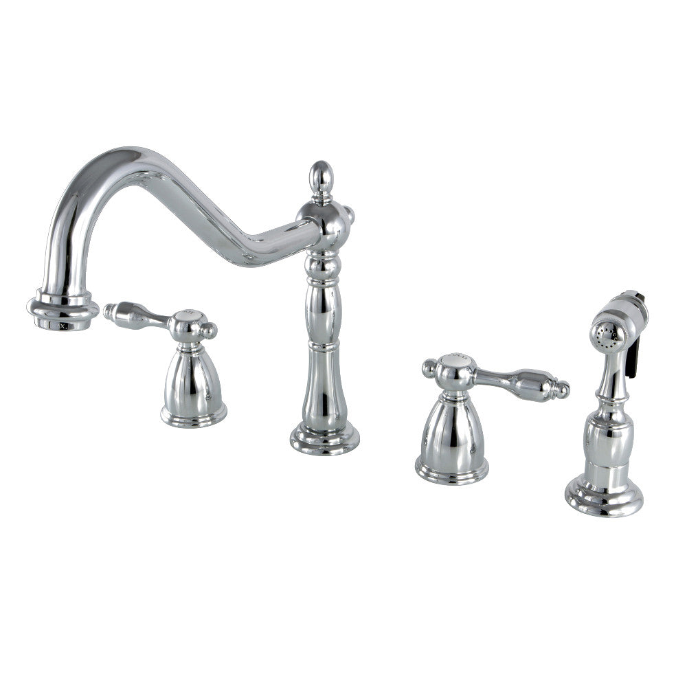Kingston Brass KB1797TALBS Tudor Double-Handle Widespread Kitchen Faucet with Brass Sprayer, Brushed Brass