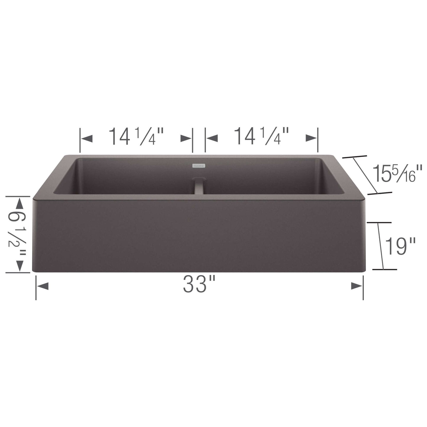 BLANCO VINTERA 33" SILGRANIT Double Bowl Farmhouse Sink with dimensions and design features.