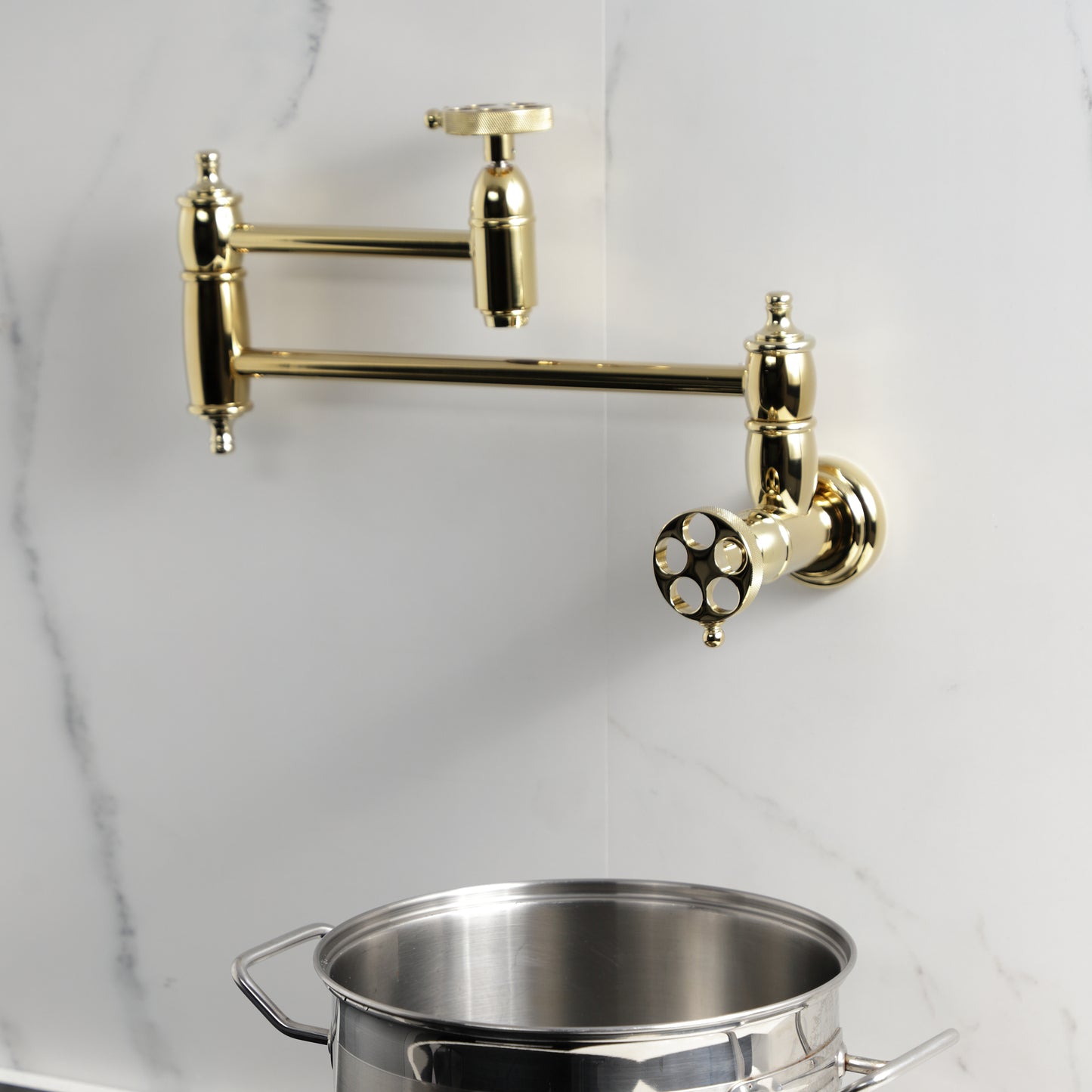 Kingston Brass KS3103RKZ Wendell Wall Mount Pot Filler Faucet with Knurled Handle, Antique Brass design and functionality