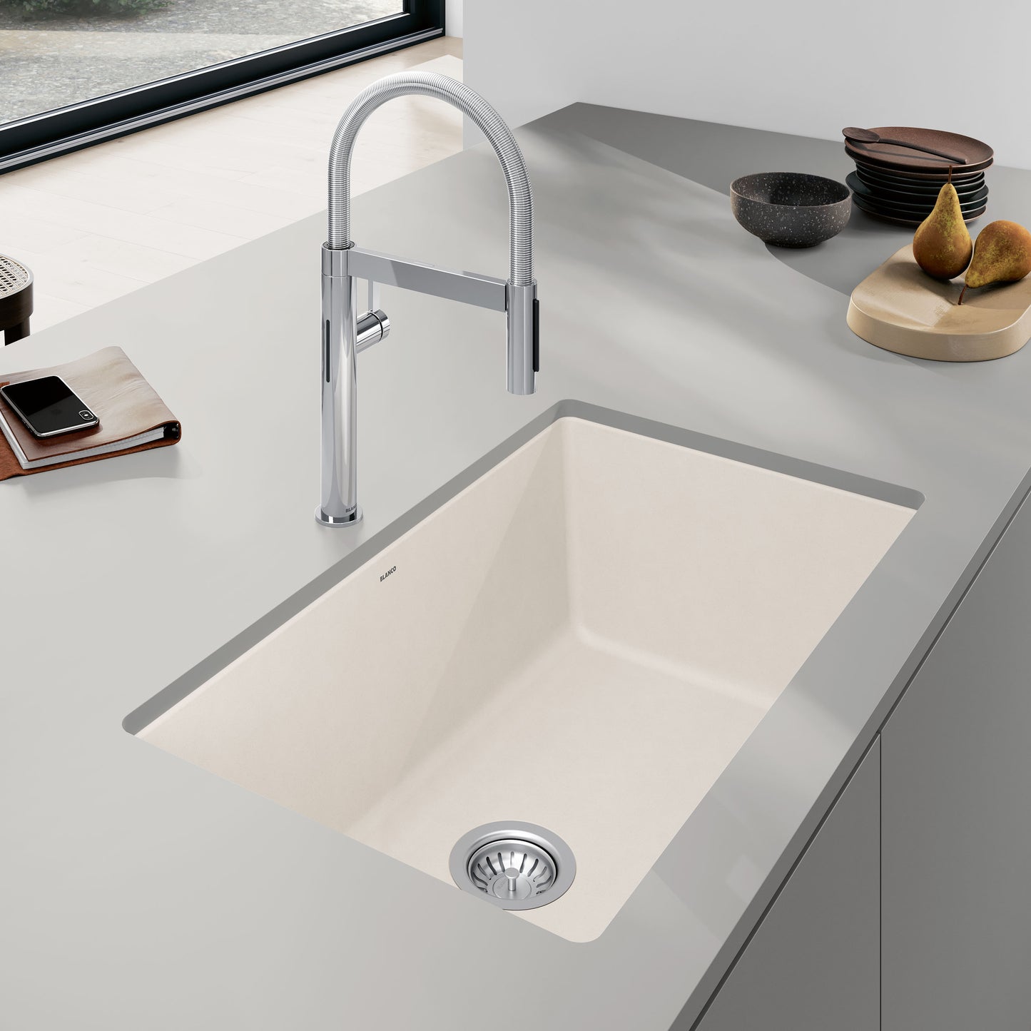 BLANCO Precis SILGRANIT 30" Single Bowl Undermount Kitchen Sink installed in a modern kitchen countertop.