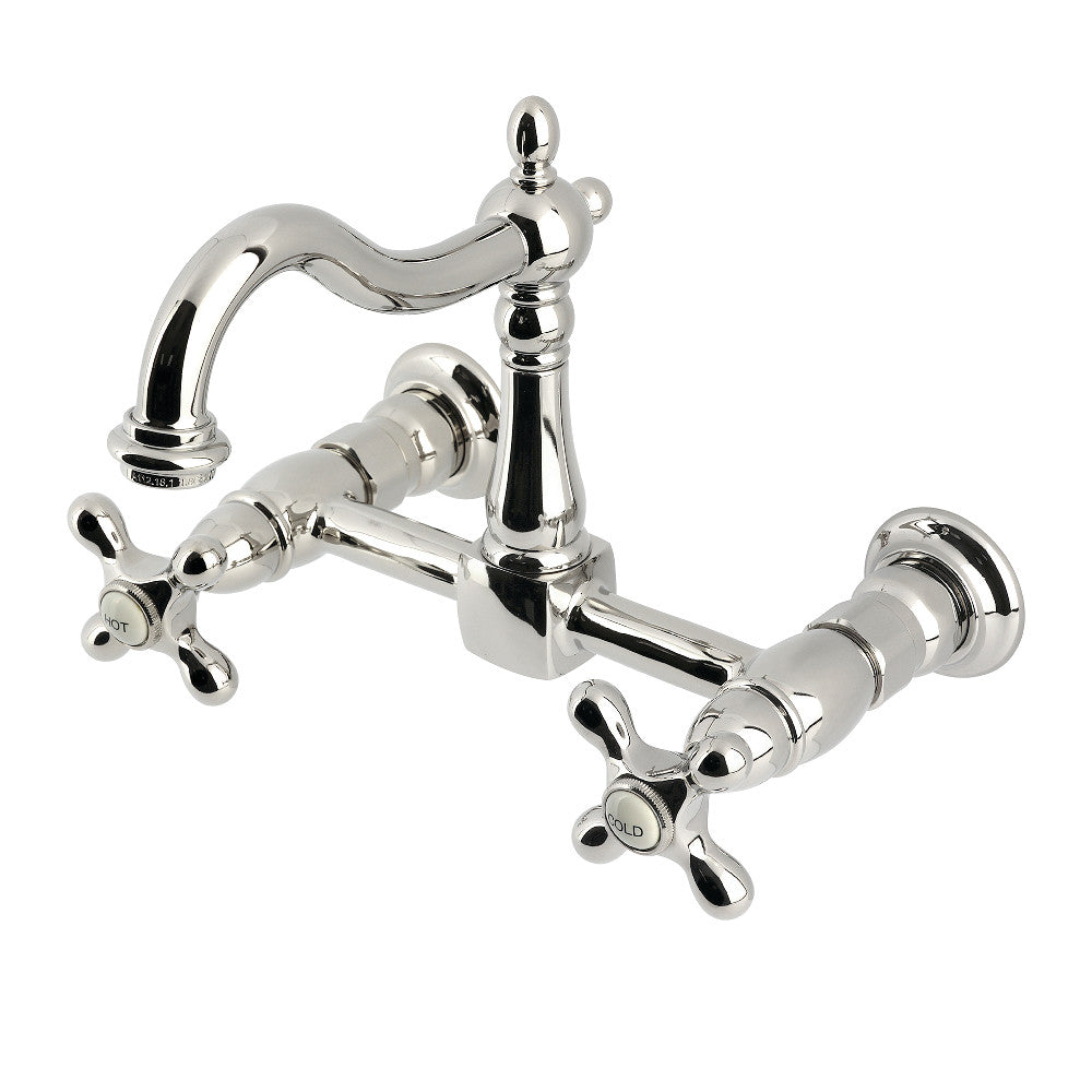 Kingston KS1263AX Heritage Two-Handle Wall Mount Bridge Kitchen Faucet, Antique Brass in polished nickel finish.